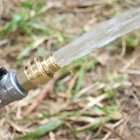 Three Quarter Inch Full Flow Brass Garden Hose Quick Connect Fittings Set No Fuss With Lead Free Full Port Design And High Volume Quick Release Coupler For Five Eighth And Three Quarter Inch Hoses in use, showing water flow
