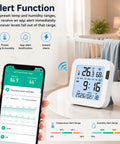 Smart Temperature And Humidity Monitor With Large Backlit LCD Screen, Real Time App Alerts, Indoor Hygrometer displayed on table