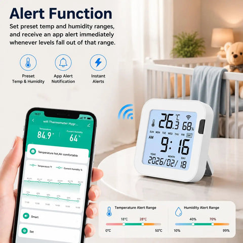 Smart Temperature And Humidity Monitor With Large Backlit LCD Screen, Real Time App Alerts, Indoor Hygrometer displayed on table