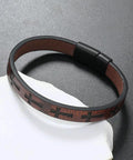 Premium Cross Woven Leather Bracelet Giving Sick Drip And Bold Flex, brown leather cuff with adjustable buckle on a white surface.