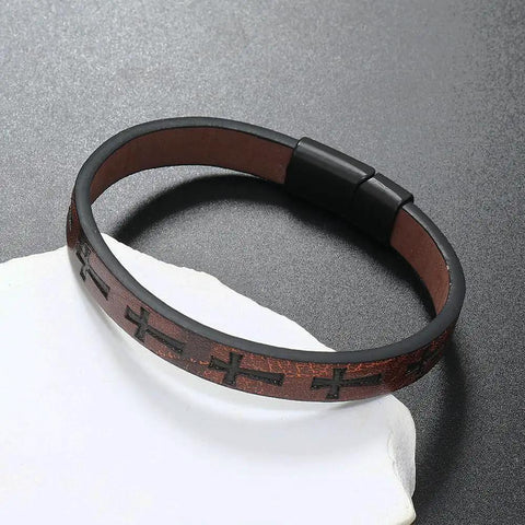 Premium Cross Woven Leather Bracelet Giving Sick Drip And Bold Flex, brown leather cuff with adjustable buckle on a white surface.