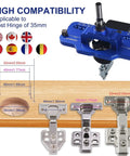 Professional Grade Concealed Hinge Jig With Secure Clamp And Adjustable Marking Scale For Accurate 35 mm Woodworking showing hinge compatibility.