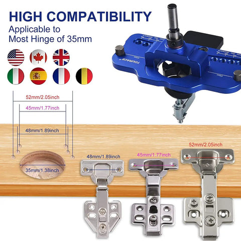Professional Grade Concealed Hinge Jig With Secure Clamp And Adjustable Marking Scale For Accurate 35 mm Woodworking showing hinge compatibility.