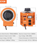 Built Tough 2000VA AC Voltage Regulator Step Up Down Transformer 110V Input Smooth 0 To 130V Output Adjustable Power Supply shown with dial and dimensions.