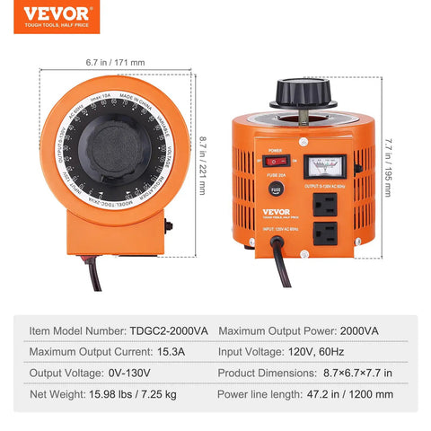 Built Tough 2000VA AC Voltage Regulator Step Up Down Transformer 110V Input Smooth 0 To 130V Output Adjustable Power Supply shown with dial and dimensions.