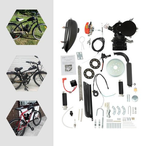 110cc Bicycle Engine Kit for 26-28 Inch Bikes, 2 Stroke Gas Motorized Conversion Kit components display, refit set parts visible