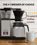8-Cup Thermal Coffee Maker With Auto Drip Pour Over Design, Stainless Steel and Black Finish, on kitchen counter