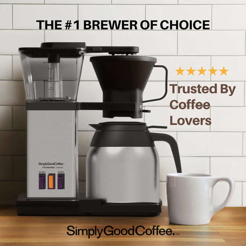 8-Cup Thermal Coffee Maker With Auto Drip Pour Over Design, Stainless Steel and Black Finish, on kitchen counter