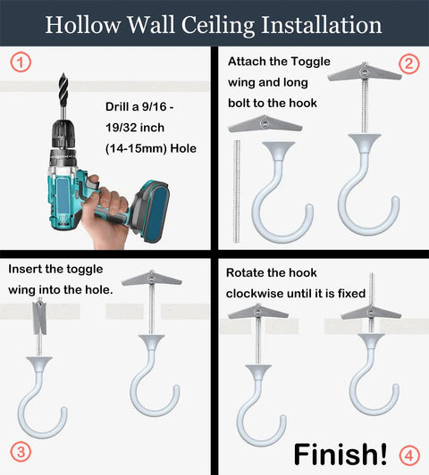 Installation guide for Heavy Duty Ceiling Hooks Set with hardware for hanging plants and decor with cavity wall fixings.