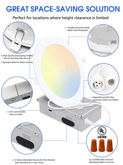 12 Pack 6 Inch Ultra Thin LED Recessed Lighting With Junction Box Canless Wafer Downlight features and components