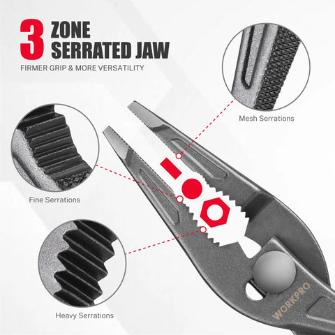 8 Inch Long Nose Slip Joint Pliers With A Solid, Comfortable Grip And Handles, CR V Steel Needle Nose Pliers showing serrated 3 zone jaw detail