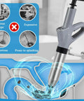Real Deal Heavy Duty Air Plunger And Drain Cleaning Kit showing air blaster used on toilet pipes for effective clog removal.