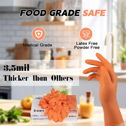 Heavy Duty Nitrile Disposable Gloves In Bright Orange Boasting Tough As Nails Tear Resistance And A Slick Comfort Fit Built For Kitchen Chores Auto Detailing And Garage Grind 100 Pack Box with medical grade and latex free features.