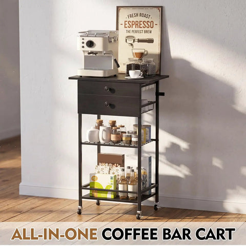 Slick Black Five Tier Coffee Cart Compact Game Changer Bar Station For Tiny Kitchens with espresso machine and storage.