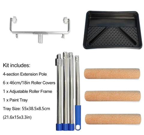 No Nonsense Heavy Duty Textured Paint Rollers For Walls With Medium Nap Polyester And Lightning Fast Paint Flow Coupled To Lightweight Extension Pole Plus Solid Painter Brush Set Total DIY Home Refresh Essential kit with extension pole, rollers, and paint tray.