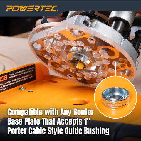 Top Shelf Adjustable Router Circle Cutting Jig And Template System with Porter Cable guide bushing compatibility, showing router base.