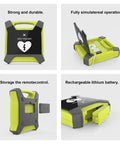 AED trainer with lime-green case and black front panel, display heart symbol.
Defibrillator trainer in lime-yellow with open lid, simulating real operation.
AED trainer back view with removable remote control slot for storage.
Rechargeable lithium battery inserted in side compartment of AED trainer.