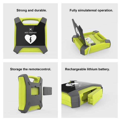AED trainer with lime-green case and black front panel, display heart symbol.
Defibrillator trainer in lime-yellow with open lid, simulating real operation.
AED trainer back view with removable remote control slot for storage.
Rechargeable lithium battery inserted in side compartment of AED trainer.