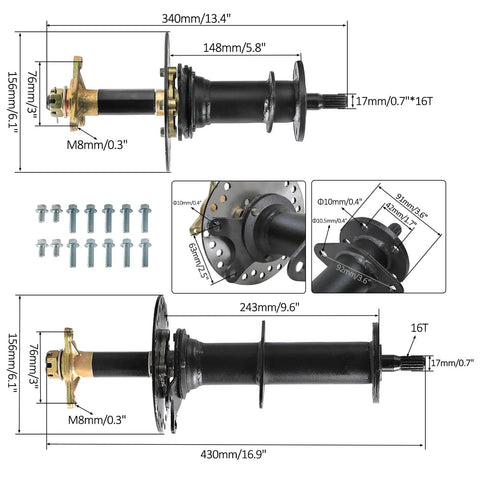 Beefed Up Complete 30 Inch Rear Axle And 48V 1000W Electric Differential Motor components with measurements and bolts