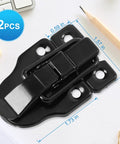 2 Pack Small Hasp Latches For Wooden Boxes And Cabinets, black iron latch with size dimensions on paper background