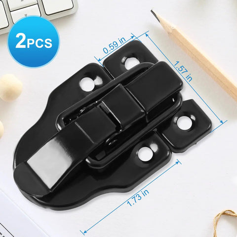2 Pack Small Hasp Latches For Wooden Boxes And Cabinets, black iron latch with size dimensions on paper background