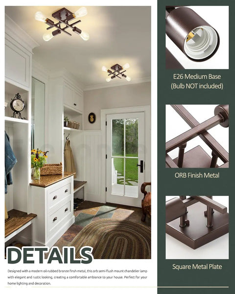 Industrial Four Light Semi Flush Mount Ceiling Light Fixture in Farmhouse Oil Rubbed Bronze Finish installed in a hallway