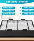 Three Pack HAPF600 Filter Replacement And Pre Filters For Holmes Air Purifiers shown with list of compatible models