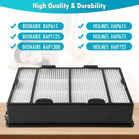 Three Pack HAPF600 Filter Replacement And Pre Filters For Holmes Air Purifiers shown with list of compatible models