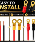 Heavy Duty 4 Gauge Speaker Wire Crimp Terminals With Fork And Round Ends Plus No Hassle Heat Shrink Sleeves for easy installation steps.
