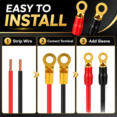 Heavy Duty 4 Gauge Speaker Wire Crimp Terminals With Fork And Round Ends Plus No Hassle Heat Shrink Sleeves for easy installation steps.