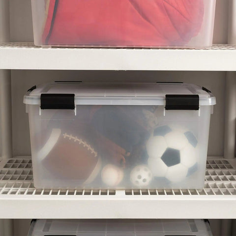 Legit Heavy Duty Stackable Storage Tote Bins 8 Pack 62.8 Quart Clear Black Plastic Gasket Boxes for sports equipment storage.