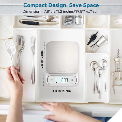 Waterproof IPX6 Kitchen Scale With Backlit Display, Ultra Precise 0.1 g And 0.01 oz, shown in a utensil drawer for compact storage.
