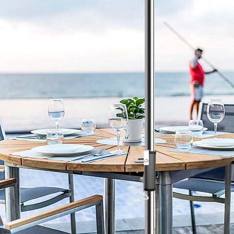 Outdoor Umbrella Clamp Heavy Duty Stainless Steel Deck Mount With Adjustable Arm And Umbrella Hook Accessory on table