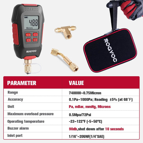 Digital HVAC Vacuum Gauge With Real Time Micron Readout 1/4 Inch SAE Connection Vacuum Meter For Refrigeration Systems And Heat Pumps Tracks Dehumidification And Impurity Removal During Service For Pros And DIY Techs. digital vacuum gauge with case and brass adapters