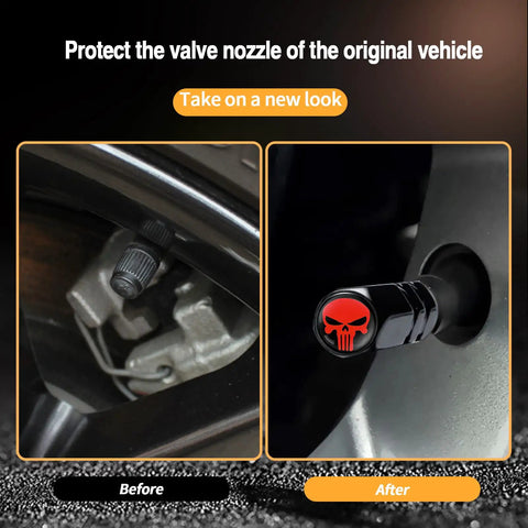 Before and after comparison of red Skull Tire Valve Stem Caps Pack of 4 Dope Airtight Dustproof Covers on car wheel.