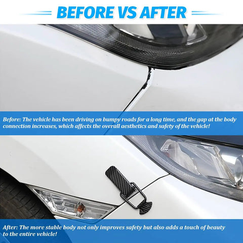 Before and after image showing a car bumper with and without the 2 Pack Car Bumper Clip Hasp Universal Front And Rear Bumper Holder.
