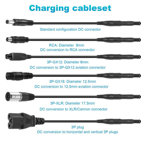 Seven In One Universal 54.6V 2A Ebike Charger cable set with multiple connector types labeled for 48V Li Ion 13S Batteries