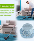 Man using Reusable Wet Dry Vac Filter Set VF2002 for Most 5 Gallon and Larger Shop Vacs in a living room on a blue carpet.