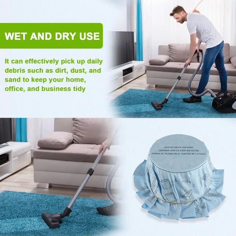Man using Reusable Wet Dry Vac Filter Set VF2002 for Most 5 Gallon and Larger Shop Vacs in a living room on a blue carpet.