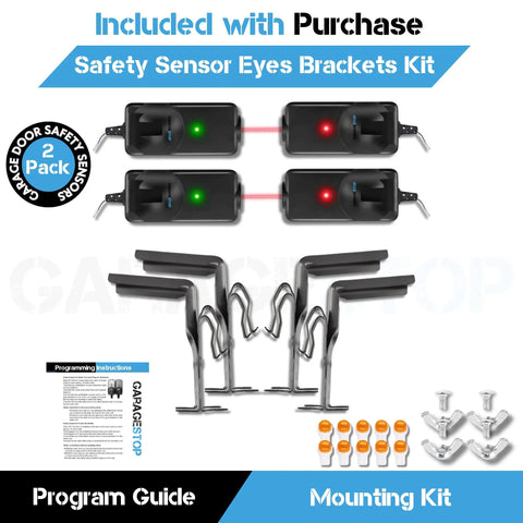 Two Pack Safety Sensor Eyes With Brackets Kit For Garage Doors 41A5034 Replacement Beams Universal Compatibility With 1997 And Up Openers Plug N Play Setup Easy Install Durable Safety Beam Set with program guide and hardware included.