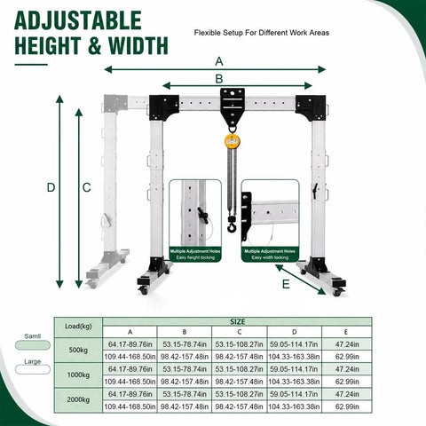 Straight Up Adjustable Aluminum Gantry Crane Kit With Manual Chain Hoist For Heavy Lifting Gear Moves dimensions and features guide.