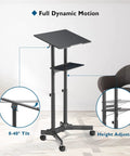 On Wheels Portable Standing Laptop Desk With Height Adjustable Sit Stand 0 To 40 Degree Tilt Rolling Cart With Storage Tray