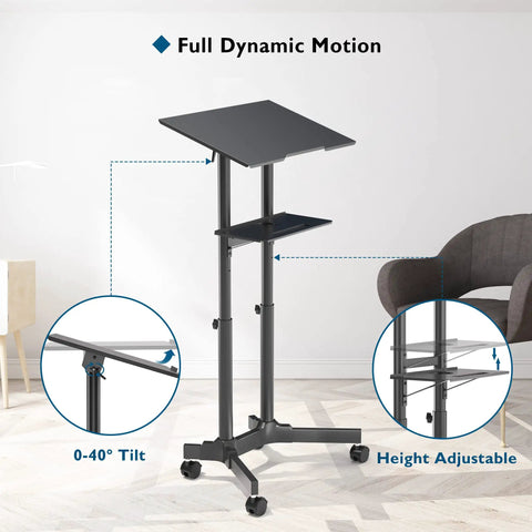 On Wheels Portable Standing Laptop Desk With Height Adjustable Sit Stand 0 To 40 Degree Tilt Rolling Cart With Storage Tray