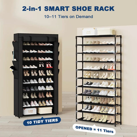 Tall Shoe Rack With Dustproof Cover And 11 Tier Floor Storage For Boots Sneakers Kicks Keeping Your Entryway Clutter Free A Total Game Changer Makes Your Daily Routine A Smooth Move And Keeps Your Space Looking Fresh All Year Long