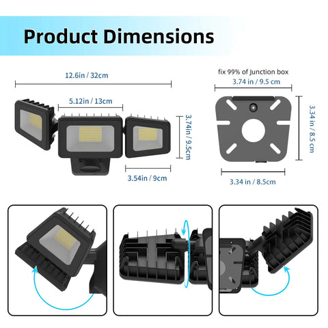 Dimensions of LED Outdoor Flood Light 120W 12000 Lumens IP66 Waterproof Security Floodlight, showing 3-head design and mounting details.