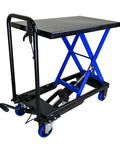 Heavy Duty Hydraulic Lift Trolley With Smooth Rolling Locking Wheels And Rock Solid 500 Pound Capacity For Shop Garage Or Warehouse Heavy Hauling Gear, blue lift trolley with black surface.