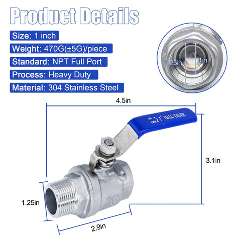 Beefy Full Port 1 Inch Stainless Steel Ball Valve With Long Handle MNPT To FNPT Heavy Duty Shut Off, product details diagram