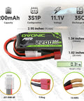 3S 11.1V 2200mAh LiPo Battery Pack Shorty 35C To 70C Discharge With Deans Connector, dimensions and specs shown