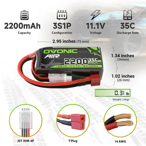 3S 11.1V 2200mAh LiPo Battery Pack Shorty 35C To 70C Discharge With Deans Connector, dimensions and specs shown