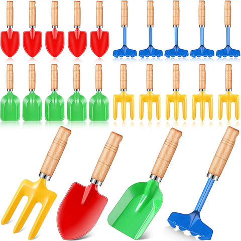 24 Piece Kids Gardening Tools Set With Wooden Handles Including Shovel Rake Fork And Trowel Metal Beach Sandbox Toys